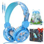 Kids Headphones, Cute Dinosaur Childrens Headphones Wired with Microphone, Adjustable Toddler headphones Over-ear for Girls and Boys, Child Headphones for School/Plane/iPad/Kindle/Fire Tablet (blue)