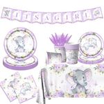 142Pcs Purple Elephant Baby Shower Decorations for Girl It's A Girl Plates and Napkins Set with Cups Forks Tablecloth and Banner Baby Girl Gender Reveal Decorations Purple Baby Shower Party Supplies