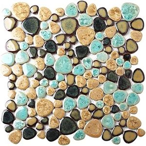 Blujellyfish Pebble Porcelain Tile Fambe Turquoise Green Beige Shower Floor Pool Alley Tiles Mosaic TSTGPT005 (5 Square Feet)