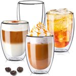 TKNO Double Walled Glass Coffee Mug Cups, Set of 4 Hollow Vacuum Sealed Cappuccino Latte Macchiato Glasses, Hand Made, Heat Resistant, Microwave Safe, 350ml Cup