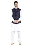 Modern Garments Men's Silk Blend Kurta Pajama with Designer Ethnic Nehru Jacket/Modi Jacket (46, White & Blue)