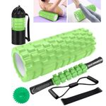 Foam Rollers,Qveetry 6 in 1 Foam Roller Set Deep Tissue Massage Roller with Muscle Roller Stick,Exercise Resistance Bands,Massage Ball, Density Foam Roller for Yoga Pilates (Green)