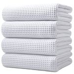 Polyte Microfiber Oversize Quick Dry Lint Free Bath Towel, 60 x 30 in, 4 Pack (White, Waffle Weave)