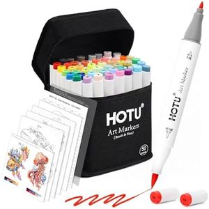 HOTU Alcohol Markers Brush Tip 50 Colors Dual Tips Art Marker Set Alcohol-based Sketch Pens with Carrying Case，Non-Bleeding Pad for Art Enthusiast Adults Coloring Illustration