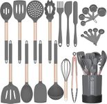 Fungun Silicone Cooking Utensil Set, 24pcs Silicone Cooking Kitchen Utensils Set, Non-Stick Heat Resistant - Best Kitchen Cookware with Copper Stainless Steel Handle -Grey(BPA Free, Non Toxic)