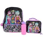 AI ACCESSORY INNOVATIONS Monster High 4 Piece Backpack Set, Clawdeen Wolf, Cleo DeNile, Dracularua, Frankie Stein, & Lagoona Blue Bookbag, Flip Sequins 16” School Bag, Black & Pink, Purple, L,