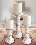 Wood Candle Holders for Pillar Candles (Set of 3) Large Rustic 4 inch Pillar Candle Holder Stands - Antique White Modern Farmhouse Decor, Perfect for Living Room or Dining