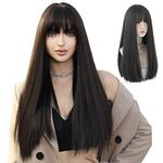 7JHH WIG Longs Straight Wig With Bangs Women'S Natural Black Synthetic Hair Wig For Daily Use And Girl Cosplay Length 22"Inch