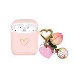 AIIEKZ Compatible with AirPods Case Cover, Soft Silicone Case with Gold Heart Pattern for AirPods 2&1 Generation Case with Pendant Keychain for Girls Women (Pink)