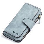 INOVERA (LABEL) Light Blue Leather Women's Tri-fold Women Fashion Card Coin Holder Ladies Long Purse Clutch Wallet (KK24)