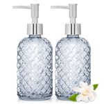 2 Pack 450ml Glass Soap Dispenser with Plastic Pump, 16 oz Diamond Cut Design Refillable Liquid Hand Soap Bottle Dispenser for Bathroom, Countertop, Kitchen Sink, Home Decor Accessories (Gray)