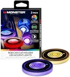 Monster Multicolor LED Cup Holder Lights, 2-Pack of Smart Color Changing Car Coasters, Motion Detecting Xtreme Smart Sensors, On by Night/Off by Day,Rechargeable,15 Days of Power with 2 Hours Charge