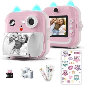 Kids Camera Instant Print - 48MP Dual Lens, 1080P Video, Thermal Printing with 4 Paper Rolls - Fun Filters, Stickers & Games - Bluetooth App, 32GB Card - Gift for Girls & Boys Ages 3-12 (Pink)