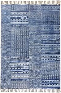 CASAVANI Collection Rectangular - 4x6 Area Rug Blue Cotton Dhurrie Abstract Kilim Rug Indoor Outdoor Use Carpet Flatweave Rugs for Bedroom Dining Room Living Room