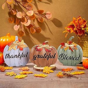 Soaoo 3 Pcs of Fall Wood Sign Fall Family Blessing Thanksgiving Sign, Tiered Tray Decoration Fall Harvest Tabletop Sign Thanksgiving Pumpkin Decoration Fall Wood Block Sign for Family Gathering