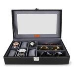 LEDO Watch Box and Sunglass Case Holder Organizer with 6 Slots for Watches and 3 Slots for Sunglasses in Black and Gray color