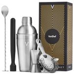 VonShef Cocktail Shaker Set, Silver 5pc Set with 550ml Manhattan Cocktail Shaker, Professional Bartender Set for Home Bar, Including Strainer, Muddler & Other Bar Accessories, Gift Box Included