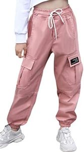 SANGTREE Girls Cargo Pants, Elastic Waist Drawstring Loose Tapered Multi Pockets Cargo Jogger Pants for Girl, Pink, 3-4 Years Toddler = Tag 110