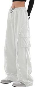 FENGQIYUNHAI Y2K Parachute Track Pants for Women Low Rise Baggy Wide Leg Cargo Pants for Women Beige