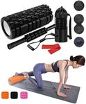 Foam Roller Set Includes Hollow Core Massage Roller,Peanut Ball ,Spiky Ball ,Stretching Band,Muscle Roller Stick,Massage Ball,Stretching Strap,Exercise Resistance Bands, Storage Bag,for Deep Tissue Massage, Pain Relief of Back, Legs, Exercise( OVTSPO 9 in 1 Black)