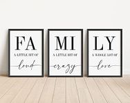 Family Loud Crazy Love Set Of 3 Quote Prints - Minimalistic Living Room, Hallway Wall Art - A5 A4 A3 Unframed Black And White Typography Print Picture Poster Home Décor