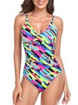 RELLECIGA Women's Neon Striped V Neck Ruched One Piece Swimsuit Twist Front Bathing Suits Size Large