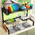 YKLSLH 2 Tiers of Retractable Large Over The Sink Dish Drying Rack with 4 Baskets, for All Sinks (24.8 "-35.4"),Adjustable Large Capacity Sink Rack, Iron Drain Rack to Save Space（2 Tiers-4 Baskets）