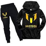 LOTFI Teen Boys Casual Sweatshirts Hooded 2 Pieces Sets Messi Pullover Hoodie and Jogging Pants Soccer Tracksuit for Kids, Black, 8-10 Years