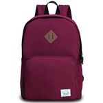 VASCHY School Backpack, Lightweight School Bag Casual Daypack for Men, Women, Boys and Girls Water Resistant Rucksack for Work, Travel, Sports with Two Bottle Pockets (Burgundy)