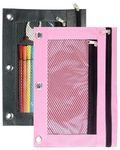 3 Ring Binder Pencil Pouches,2 Pack Pencil Pouch with Zipper-Pencil Case with Double Pocket and Mesh Window (Pink and Grey)