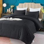 AveLom Seersucker Queen Comforter Set (90x90 inches), 3 Pieces - 100% Soft Washed Microfiber Lightweight Comforter with 2 Pillowcases, All Season Down Alternative Comforter Set for Bedding, Black