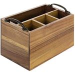 MyGift Dining Utensil Caddy and Napkin Holder - Premium Acacia Brown Wood Kitchen Flatware Serving Storage Caddy with Vintage Metal Handles