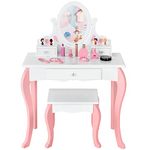 Costzon Kids Vanity Set with Mirror, 2 in 1 Princess Makeup Dressing Table w/Detachable Top, Toddler Vanity w/ 360° Rotating Mirror, Drawers & Stool, Pretend Play Vanity Set for Little Girls (White)