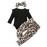 3Pcs Baby Girl Leopard Clothes Ruffles Long Sleeve Fall Outfits Infant Baby Black Jumpsuit 3-6 Months