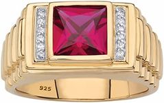 PalmBeach Men's Yellow Gold-Plated Sterling Silver Square Cut Created Red Ruby or Blue Sapphire and Diamond Accent Ring Size 10