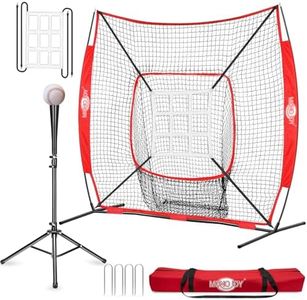 MONOJOY 7x7ft Baseball Practice Net for Hitting & Pitching, Training Net with Big Strike Zone Batting Tee & 9-Pocket Target, Heavy-Duty Softball Net with Carry Bag for Backyard, Indoor Outdoor, Red