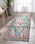 Lahome Boho Tribal Runner Rug - 2x4.3 Aqua Soft Laundry Room Rug Washable Door Mat, Machine Washable Non Slip Long Bathroom Carpet Runner for Bedroom Hallway Hardwood Floor