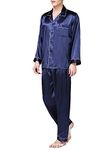 Men Silk Pyjamas Set Satin Long SleeveLapel Buttons Straight Loungewear Two-Piece Sleepwear Homewear (Blue, L)