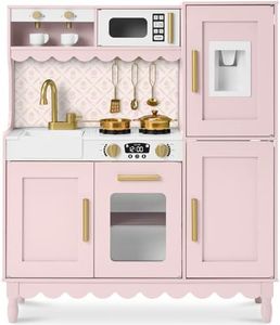 Best Choice Products Play Kitchen for Kids, Cottage Style Kids Kitchen Playset for Toddlers, Pretend Play Toy Kitchen w/ 11Pcs, Espresso Machine, Microwave, Oven, Refrigerator w/Ice - Pink