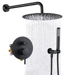 KRUZOO Round Shower System for Bathroom Matte Black Wall Mounted Brass Shower Faucet Combo Set with 12 inch Pressure Rainfall Shower Head and 2 in 1 Handheld Showerhead Rough-in Shower Valve Kit
