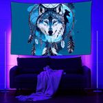 MZERSE Funny Tapestry Gifts Blacklight Tapestry Glow in the Dark Tapestry Native Wolf Deam Catcher, Blacklight Posters Hippie Tapestry for Bedroom Aesthetic Wall Room Decor, 40x60 Inches