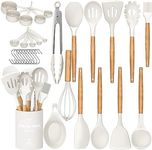 Umite Chef Kitchen Cooking Utensils Set, 33 pcs Non-Stick Silicone Cooking Kitchen Utensils Spatula Set with Holder, Wooden Handle Silicone Kitchen Gadgets Utensil Set (Cream White)