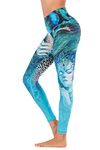 Chisportate High Waist Yoga Leggings for Women with Pockets,4 Way Stretch Tummy Control Workout Running Pants Printed Shiny Mermaid