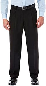 Haggar Men's Mynx Gabardine Pleat-Front Dress Pant with Hidden Expandable Waist, Black, 44W x 32L