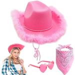 AWAVM 3Pcs Pink Cowboy Hat with Bandana Scarf and Heart Shaped Sunglasses Set for Women Men Halloween Birthday Cosplay Party