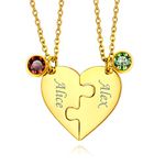 Custom Gold Friendship Necklaces for 2 Personalized Split Heart Couple Necklace with Birthstone and Name Stainless Steel Pendant Chain 18" BFF Jewelry Gifts for Best Friend Sister Girls Women