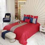 Stoa Paris Crown of Versailles 6-Piece Bedsheet Set, Satin Bedsheet for King Size Bed with Pillow Covers, Euro & Long Cushion Covers, Diwali Decoration, Home Decor Gifting - Flirty Red, Mystique Blue