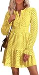 PRETTYGARDEN Women's 2024 Long Sleeve Mini Dress Eyelet V Neck A Line Casual Elegant Holiday Wedding Guest Party Dresses (Yellow,X-Large)