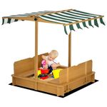 Outsunny Kids Wooden Sand Pit with Lids, Children Sandbox Height Adjustable Canopy for Garden, Convertible Bench Outdoor, Green and White Canopy