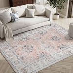 JINCHAN Area Rug 4x6 Rug Pink Vintage Rug Indoor Floor Mat Chenille Thin Rug Floral Print Carpet Foldable Rug Boho Decor Farmhouse Non Slip for Kitchen Living Room Bedroom Dining Room